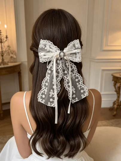 1 pieza Clip de pelo con lazo de encaje de moda para mujer, accesorio de pelo elegante, decoración de pelo para boda, adecuado para atuendo diario, accesorios, sofisticado y gracioso estilo Y2K, mejor regalo, decoración redonda, decoración de perlas