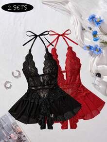 Women's 2-Piece Lace Halter Bodysuit Set - Deep V Neck Sheer Mesh Babydoll With Adjustable Tie Straps & Flared Hem Sexy  Open Crotch Lingerie Set - Rượu vang đen đỏ - Xem 1