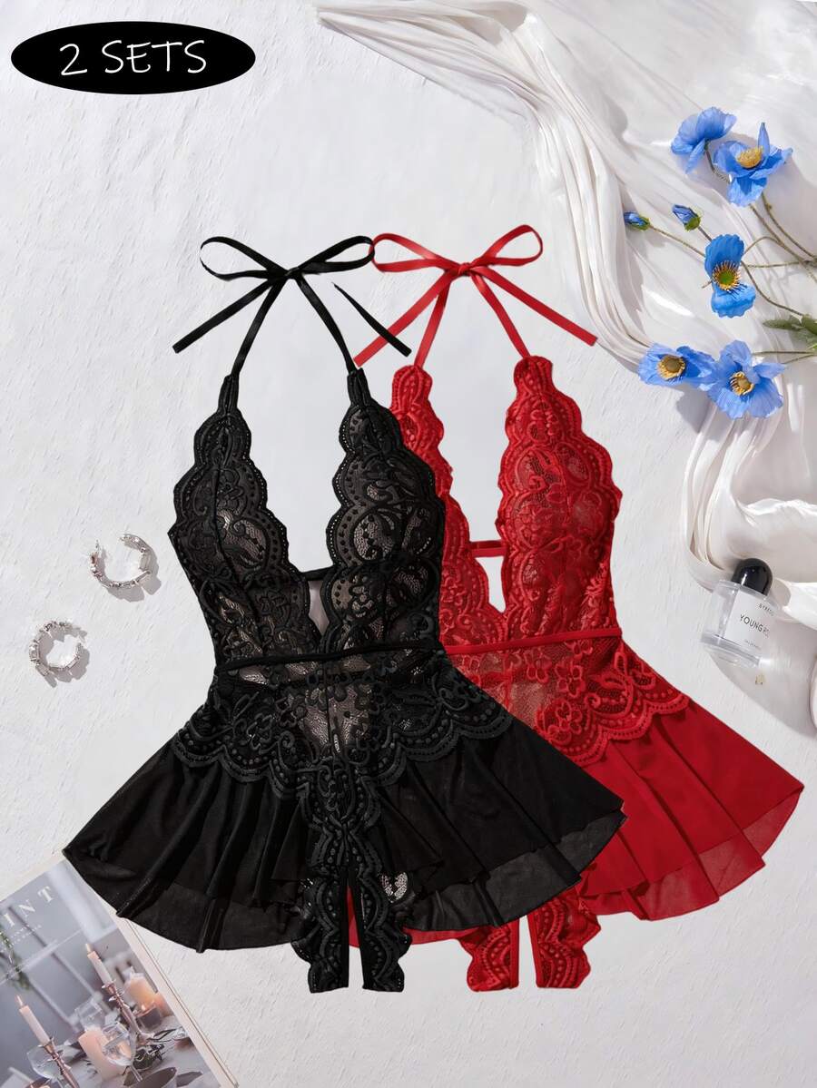 Women's 2-Piece Lace Halter Bodysuit Set - Deep V Neck Sheer Mesh Babydoll With Adjustable Tie Straps & Flared Hem Sexy  Open Crotch Lingerie Set - Rượu vang đen đỏ - Xem 1