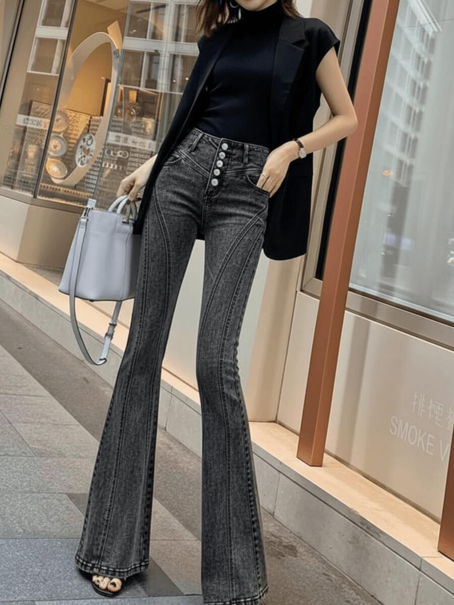 YEAE | 女款高腰緊身彈力復古喇叭褲 多鈕扣設計 春季休閒 秋季牛仔褲