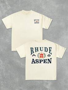 (220g Pure Cotton T-Shirt) 1Pcs Of Men's Casual Crew Neck Short Sleeved T-Shirt With Elegant And Luxurious "RHUDE ASPEN"  - Themed Design Double Sided Digital Print - 杏色 - 查看 1