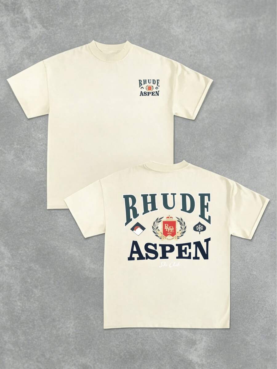 (220g Pure Cotton T-Shirt) 1Pcs Of Men's Casual Crew Neck Short Sleeved T-Shirt With Elegant And Luxurious "RHUDE ASPEN"  - Themed Design Double Sided Digital Print - 杏色 - 查看 1