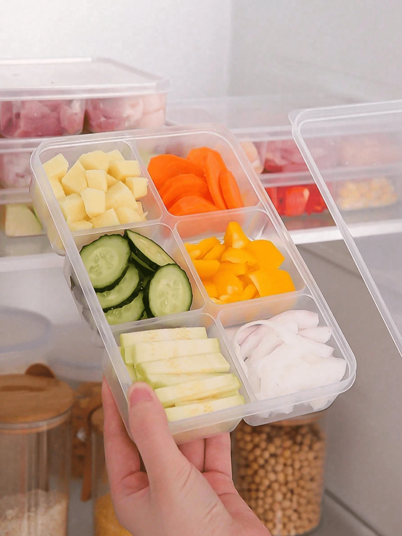 1个可重复使用的六格食品储物盒,餐食准备容器,多功能零食/水果托盘和成人份量控制午餐盒,带盖便携式密封食品容器,适合家庭、学校、办公室、旅行、生日、新年礼物 - 查看 1