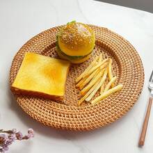 1pc Handwoven Rattan Display Tray, 12.99" Round Heat-Resistant Serving Platter, Vintage Style Creative Storage Basket, Photography Prop, Fruit Plate, Living Room Bread Rack, Suitable For Cafes And Restaurants, Home Storage And Decor - Yellow - View 6