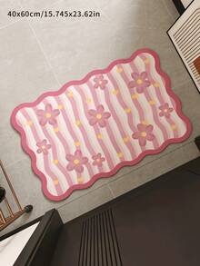 1pc Pink & White Striped Floral Wavy Edge Decorative Rug, Soft Pink & White Waves + Hand-Painted Flowers, Suitable For Girls Room / Living Room / Princess Bedroom, Decorative Rug, Bedroom Decor, Small Rug, Rug, Home Decor, Living Room Rug, Living Room Small Rug, Bedroom Rug, Living Room Home Decor, Outdoor Rug, Washable Rug - Pink - View 9
