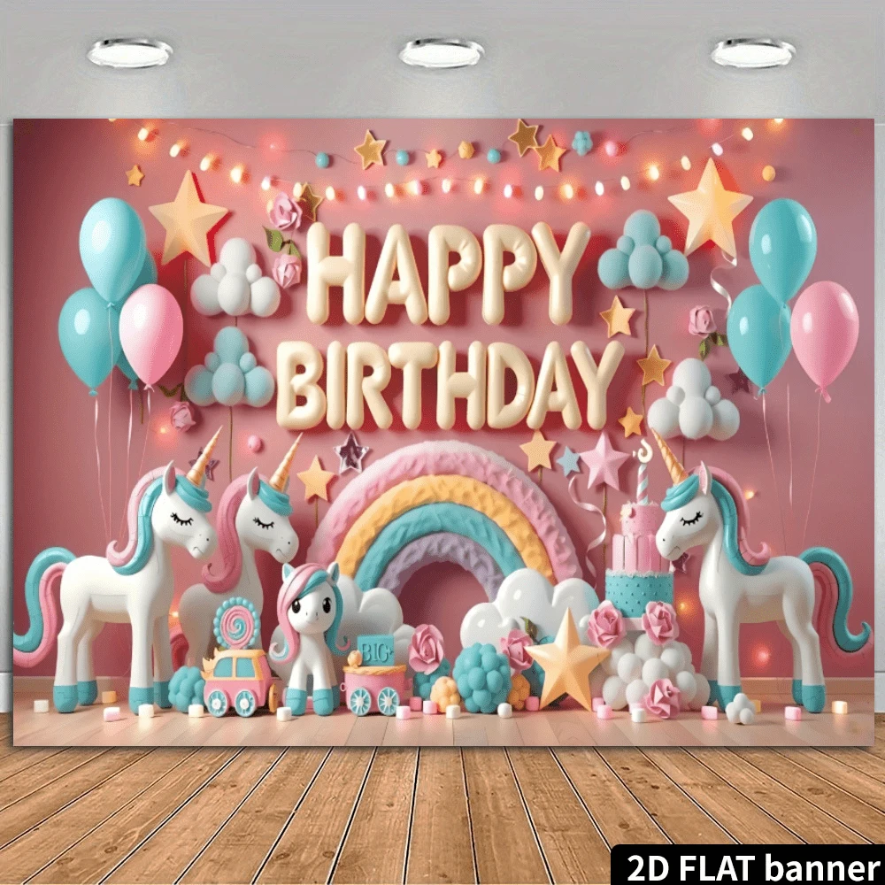 2D Flat Birthday Background, Colorful Unicorn Balloon Theme, Durable Polyester Printed Banner, Indoor/Outdoor Party Decor, No Electricity Needed, 100% Polyester, Suitable For Entrance, Room, Garden