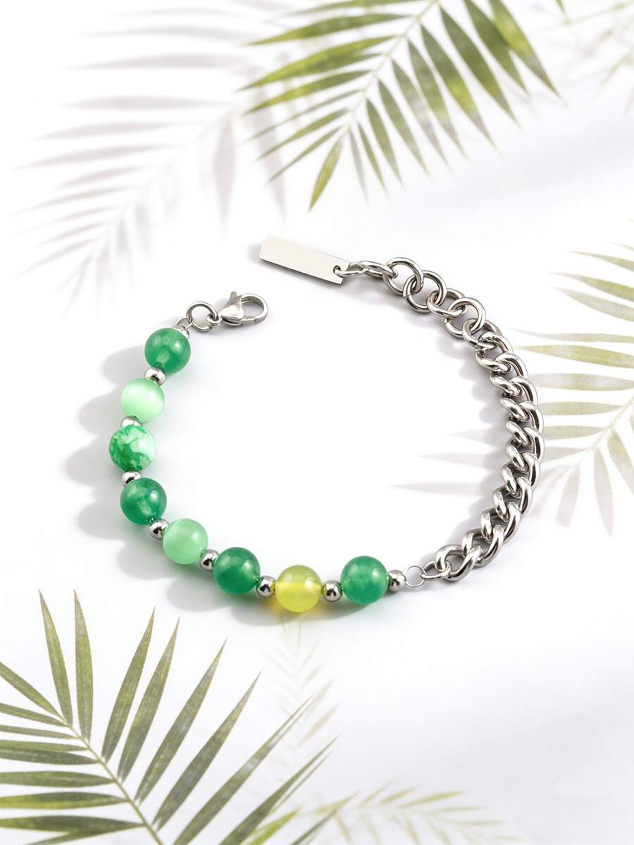 1 chiếc vòng tay bằng thép không gỉ, đính hạt ngọc bích nhân tạo màu xanh lá cây, thiết kế độc đáo, cá tính, thích hợp cho nam giới đeo hàng ngày. - Nhiều màu - Xem 1
