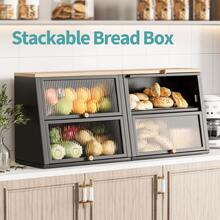 Two-Layer Large Bread Box, Bread Bins For Kitchen, Black Bread Bin With Stiped Window Door Pancel, Bread Storage With Wood Handle, Kitchen Bin Storage With Removable Layer, Black - WK810602-B - 查看 8