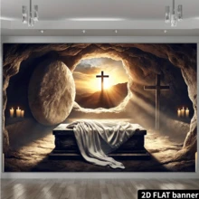 1pc 2D Flat Background Banner, Vibrant Polyester Backdrop With Empty Tomb, Sunrise And Cross, Suitable For Home Gatherings, Weddings, Birthdays, Christmas, Thanksgiving And Autumn, Easy To Set Up And Reusable - A - View 4