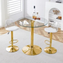 Set bar design – Table ronde en verre (hauteur 89 cm) et 2 tabourets dorés, assises réglables et pivotantes à 360°, design épuré, gain de place et effet de transparence - Or + Transparent + Verre + Métal + Plastique + 2 places - Voir 2