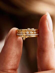 1 chiếc nhẫn Zirconia sang trọng đính kim cương, nhẫn vàng, nhẫn hoa nhiều lớp, quà tặng tinh tế cho nữ dự tiệc ngày lễ. - Vàng - Xem 8