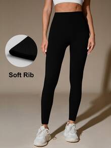 1-PC Comfortable Ribbed Knit Women's Seamless Leggings For Activewear And Everyday Wear Spring Black - Black - View 5