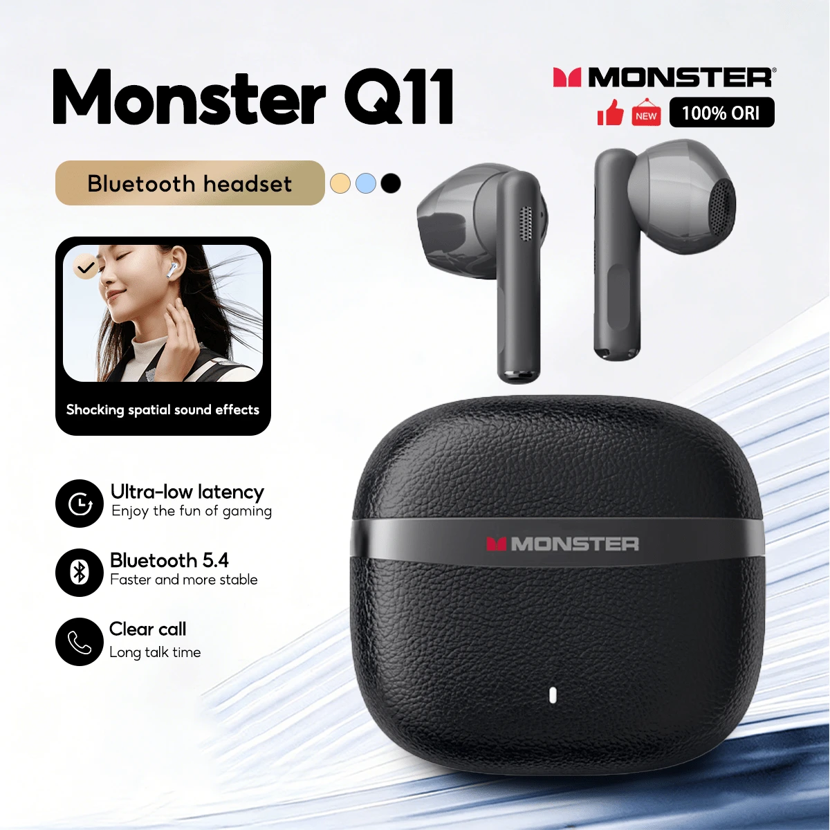 Monster Q11 蓝牙耳机，自动降噪，超长续航，户外音乐蓝牙 5.4，带麦克风 - 查看 1