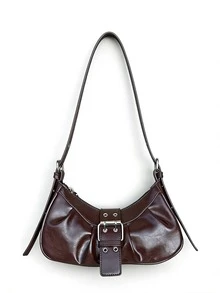 5pcs Vintage Pleated Large Capacity Motorcycle Chic Shoulder Bag, Minimalist Design For Spring & Autumn - Coffee Brown - View 2