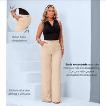 Women's Wide Leg Tailored Twill Pants With Lycra, High Waist, Slash Pockets, Premium Style (Beige) - 米色 - 查看 4