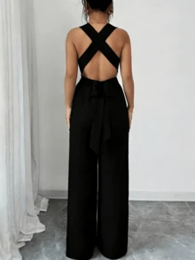 Women's Solid Color Cut Out Waist Wide Leg Jumpsuit, Sleeveless V-Neck Belted One Piece, Lightweight Textured Fabric For Spring Summer, Vacation, Party, Casual Outings, All Ages Teen & Adult, Elegant Formal Jumpsuit/Glowmode Ropa De Mujer/Cachorro Feliz/Vacation Outfits Women/Summer Outfits For Women/Summer Clothes/Spring Outfits For Women/Camping/Vacation Outfits Women/Beach/Summer Tops/Tank Tops/Tank Tops Women/Club Outfits For Women/Beach Outfits For Woman - Black - View 4