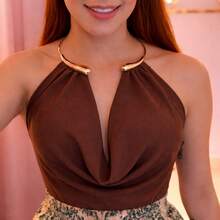 Women's Suplex Bodysuit With Gold Ring Detail - Elegant Premium Fashion, Sexy And Chic - Rỉ Nâu - Xem 1