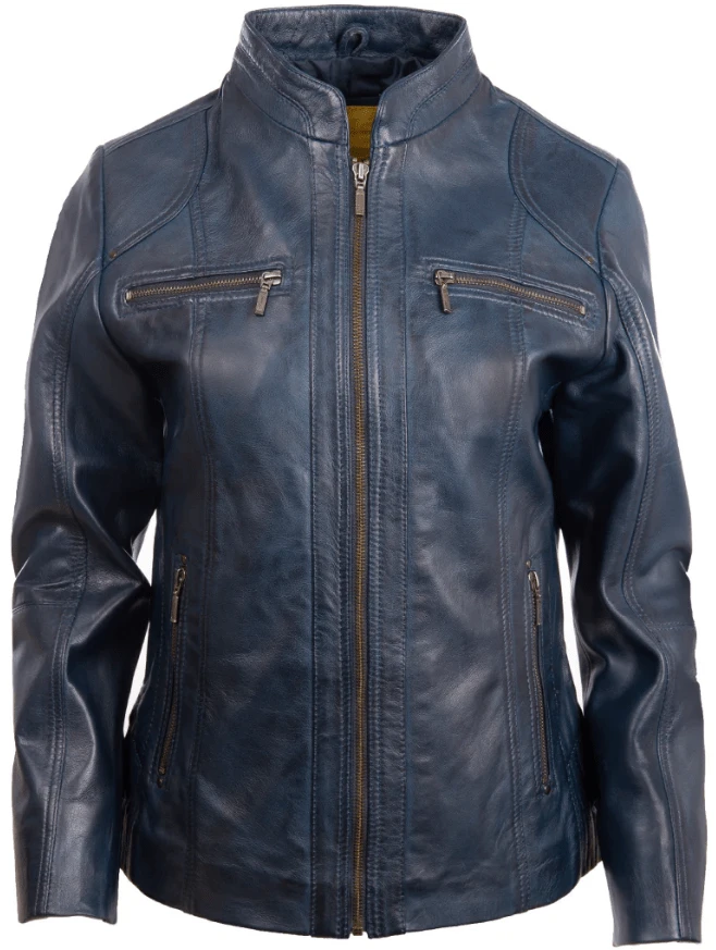 Women's Real Leather Jacket OBFQ Navy Blue - Navy Blue - View 1