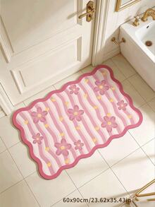 1pc Pink & White Striped Floral Wavy Edge Decorative Rug, Soft Pink & White Waves + Hand-Painted Flowers, Suitable For Girls Room / Living Room / Princess Bedroom, Decorative Rug, Bedroom Decor, Small Rug, Rug, Home Decor, Living Room Rug, Living Room Small Rug, Bedroom Rug, Living Room Home Decor, Outdoor Rug, Washable Rug - Pink - View 7