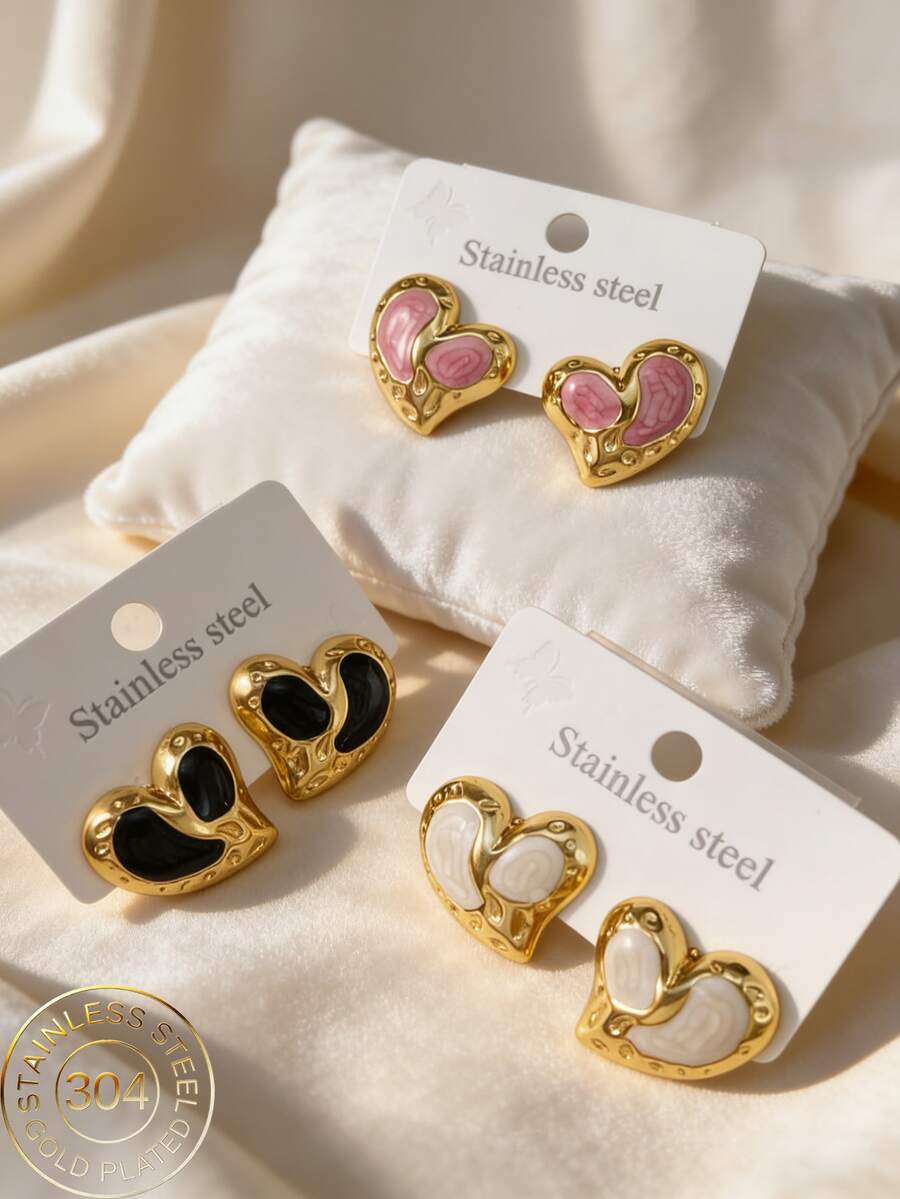 Colorful Enamel Heart Shaped Earrings, Gold Plated Double Heart Stud Earrings, Enamel Jewelry, Valentine's Day Gift For Wife/Girlfriend - Multicolor - View 1