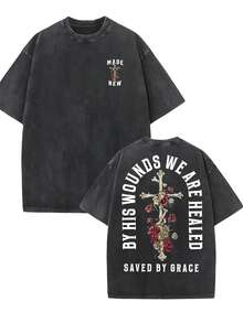 Camiseta gráfica de hombre color lavanda - Diseño "Por sus heridas fuimos sanados", camiseta de cuello redondo de algodón suave, ropa informal de verano para adultos. - Negro - Ver 9