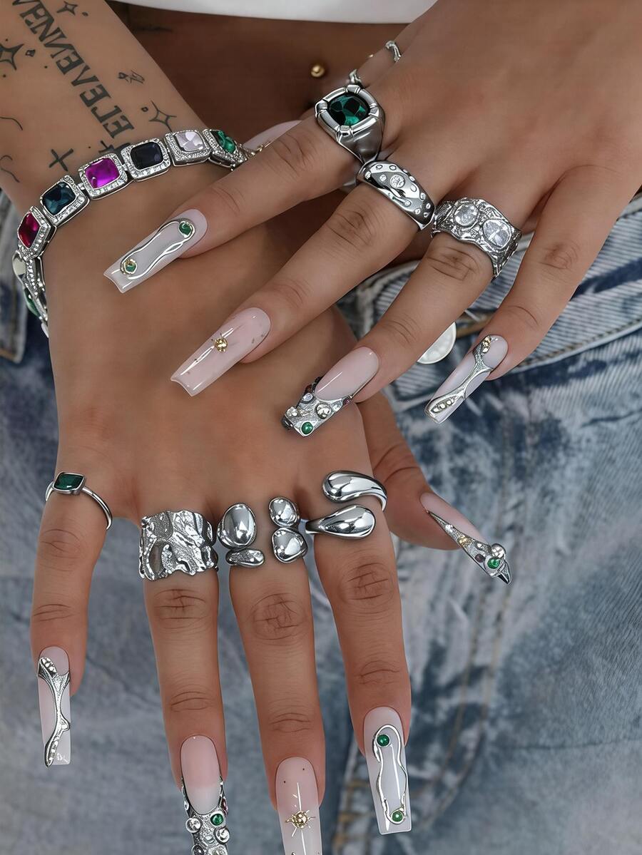 7pcs Asymmetrical Rhinestone Inlaid Open Ring Set, Large Imitation Gemstone Rings, Suitable For Women's Daily, Date, Party, Music Festival Stacking Wear - Silver - View 1
