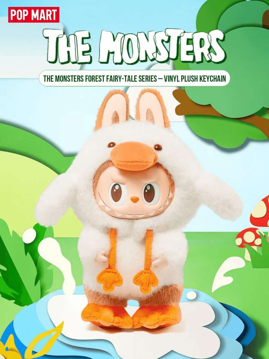 Pop Mart Labubu THE MONSTERS 森林童话系列挂卡毛绒娃娃，Labubu 身穿白色服装，橙色鸭嘴帽和脚套，棕色兔耳发箍，有着大大的圆眼睛和锋利的牙齿，带有品牌挂环，做工精细，设计独特可爱，是森林仙子主题的收藏品，非常适合 THE MONSTERS 的粉丝、收藏家和送礼者。