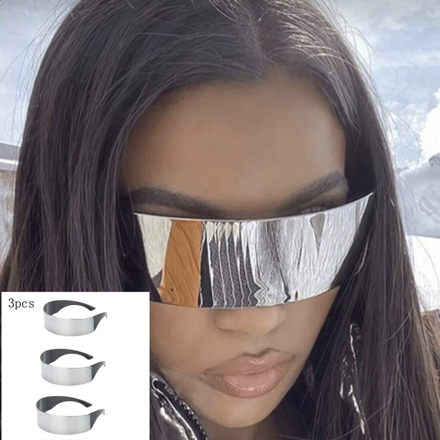 Bộ 3 kính bảo hộ không gọng phong cách Cyberpunk, kính thời trang tráng gương bạc kiểu dáng tương lai, kính thời trang unisex dự tiệc. - 3 tấm thủy ngân - Xem 1