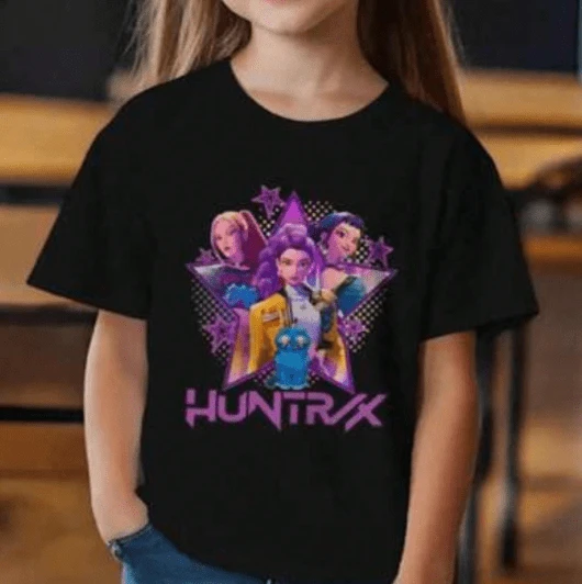 KPop Huntrixx Demon Hunterr Graphic T-Shirt - Pink And Purple Anime Design, Lightweight Mesh Top For KPop Fans, Casual Everyday Wear And Themed Events, Merchandise For Boys And Girls - 黑色 - 查看 1