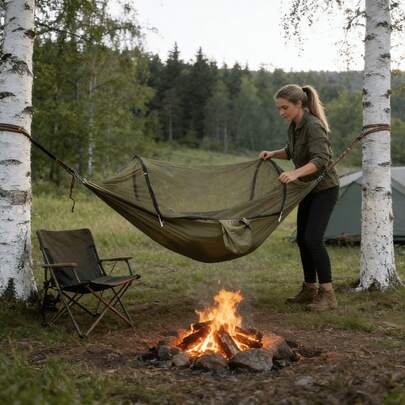1 pieza Hamaca anti-mosquitos de configuración rápida, malla de alta densidad que bloquea los insectos, incluye mosquetones, correas y bolsa de almacenamiento, cama colgante para acampar, esencial para salidas con amigos, hamaca anti-mosquitos de apertura rápida, anti-vuelco, adecuada para columpios al aire libre, acampada y ocio - regalo festivo para esposa y madre [Estilo y color Om]