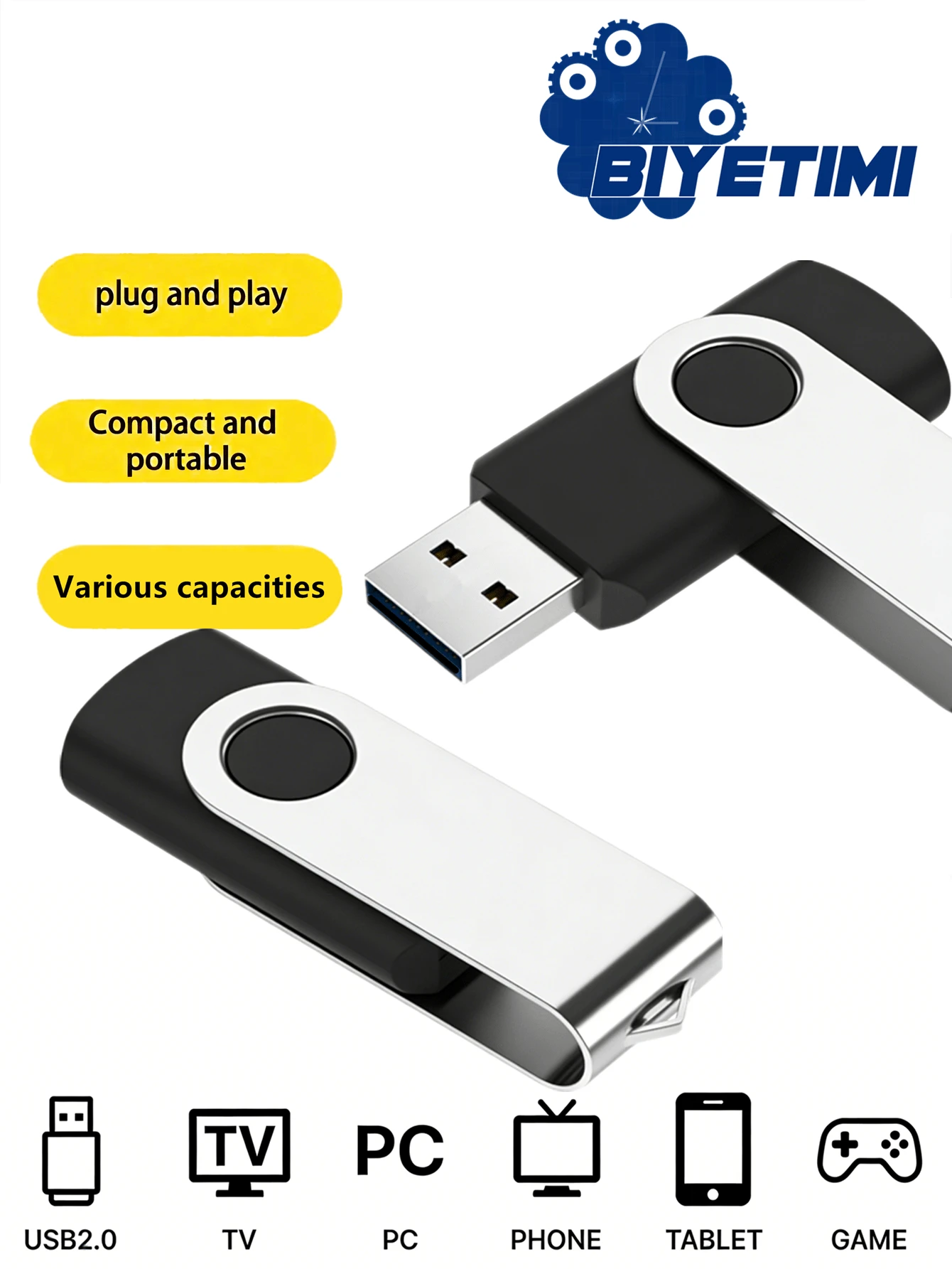 BIYETIMI High Speed 64GB/32GB/8GB USB 2.0 Flash Drive, Super Large Capacity - Black - View 1