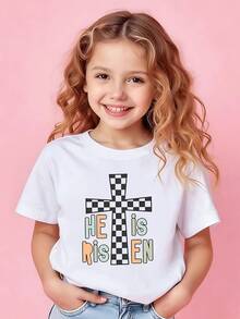 Checker Cross He Is Risen" Graphic Girls Printed TShirt – Soft Breathable Cotton Tee With FaithInspired Easter Design, Casual Daily Outfit, Meaningful Gift For Young Girls And Teens - White - View 1