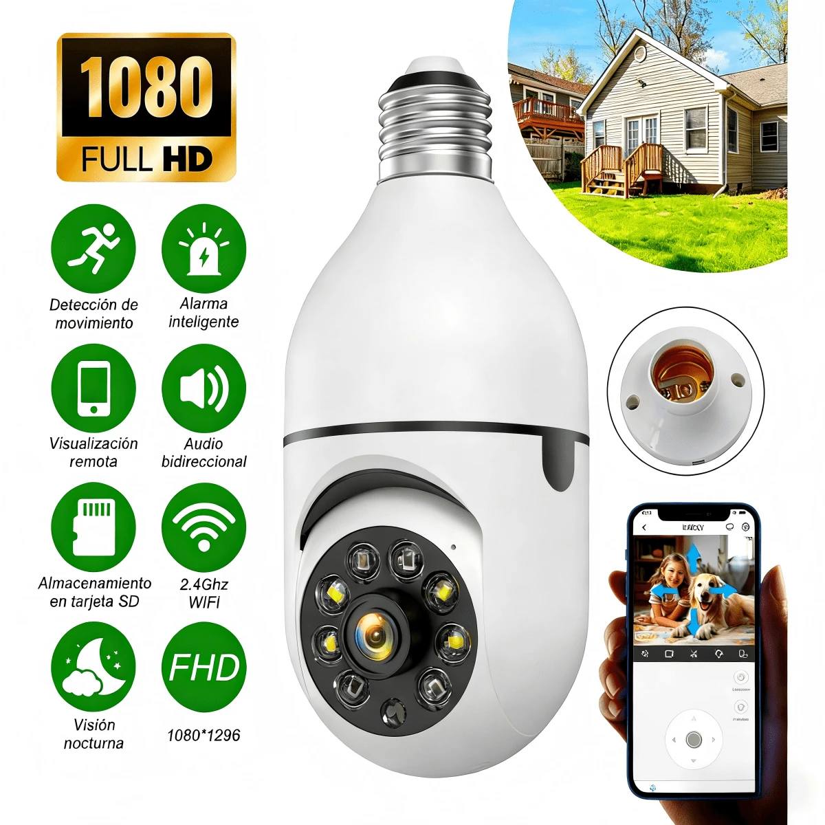 2NLF 1080P WiFi Bulb Surveillance Camera, 1080p HD WiFi Camera, Color Night Vision, 360° Rotation, Automatic People Tracking, Two-Way Communication, Smart Home