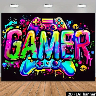 Banner trang trí hình tay cầm chơi game bằng polyester huỳnh quang 2D sống động, phản quang tia cực tím, dùng cho phòng khách, phòng ngủ, văn phòng - Phụ kiện đa năng cho gia đình và tiệc tùng.