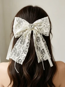 1pc Women's Fashion Lace Bow Hair Clip, Elegant Hair Accessory, Wedding Hair Decor, Suitable For Daily Outfit, Accessories, Cute Y2K Sophisticated Elegant, Best Gift, Heart-Shaped Decoration,Summer,Holiday,Travel - White - View 3