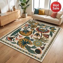 1pc Vintage Bohemian Style Large Floral Pattern Beige Multicolor Carpet, 1100g High Density Faux Cashmere Material, Rectangular Elegant Artistic Absorbent Non-Slip Easy To Clean Machine Washable, Suitable For Living Room Bedroom Home Decor - Vintage Bohemian Beige Multi-colo Bathroom Mats - View 2