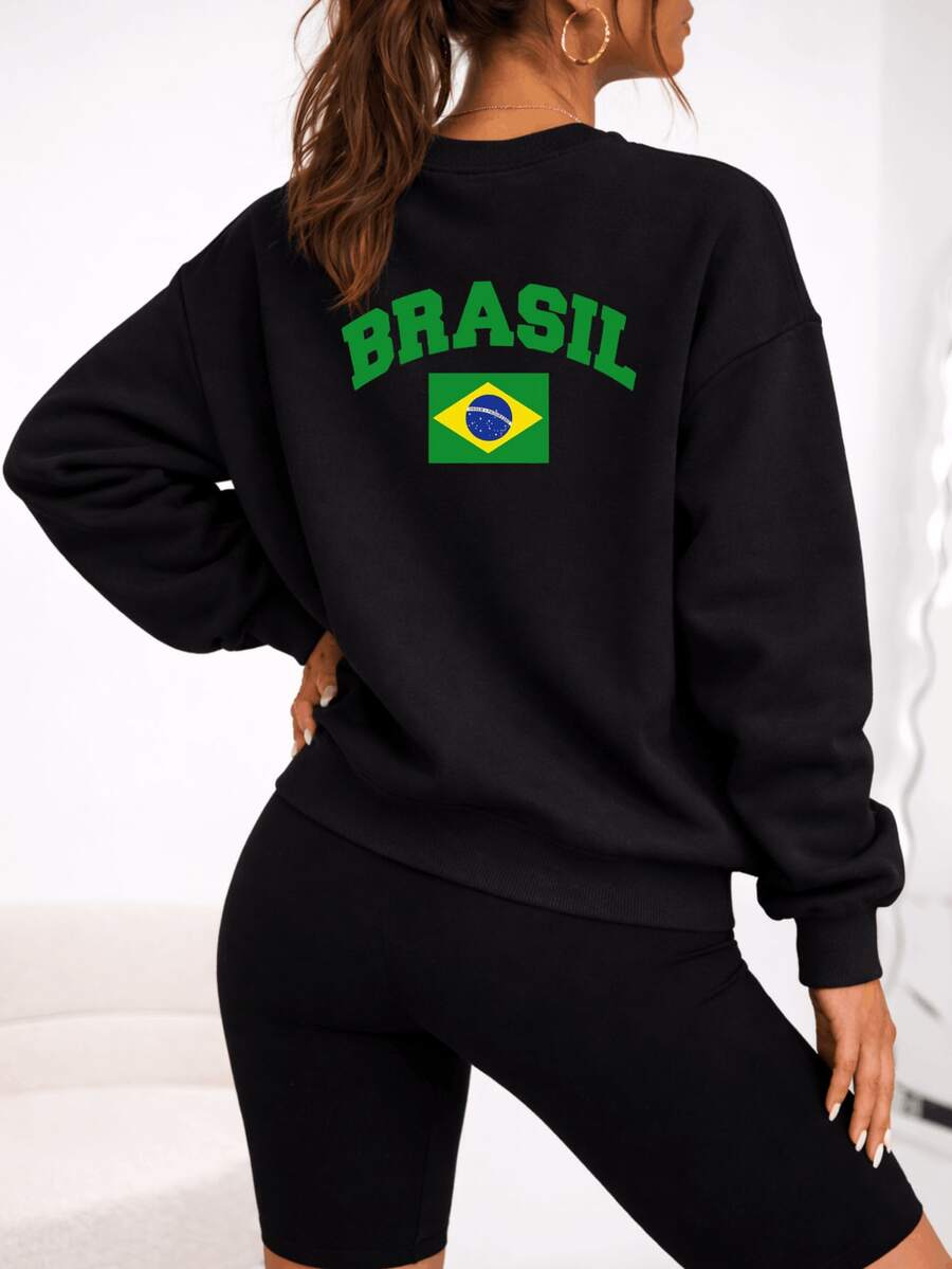 Women's Sweatshirt, Cotton Ribbed Crew Neck, Winter, Printed, Brazil, Brasa, Brasuca, Copa, Seleção - 黑色 - 查看 1