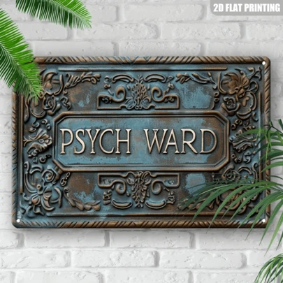 2D平面复古金属墙饰“PSYCH WARD” - 8x12英寸，乡村风格装饰，做旧蓝绿色表面，精致花卉图案，适合室内/室外墙面装饰，家居、车库、门廊或节日主题（父亲节/圣诞节/情人节/感恩节/毕业典礼），复古墙饰，家居装饰，经典设计，高品质金属工艺，买家礼物，2D平面
