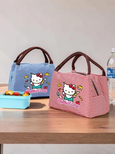 SANRIO 1 Túi đựng cơm trưa cách nhiệt in hình Hello Kitty - Túi đựng cơm trưa tái sử dụng chống rò rỉ có tay cầm, thiết kế hoạt hình sống động, phù hợp cho trường học, công sở hoặc dã ngoại, lớp lót polyester, khóa kéo, thiết kế vui nhộn