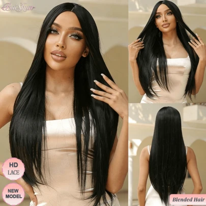 26 Inch Straight HD Lace Front Wigs Brazilian Virgin Hair Pre Plucked Bleached Knots 200% Density 13x4 13x6 5x5 Transparent Lace Frontal Wigs Human Blended Hair For Women Bone Straight Black Color