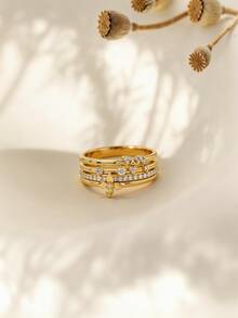 1 chiếc nhẫn Zirconia sang trọng đính kim cương, nhẫn vàng, nhẫn hoa nhiều lớp, quà tặng tinh tế cho nữ dự tiệc ngày lễ. - Vàng - Xem 4