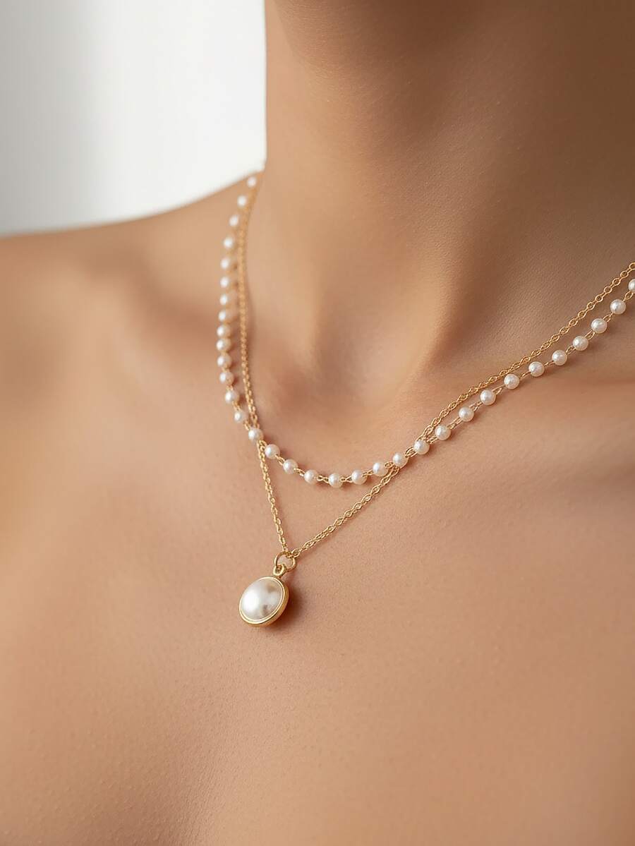 1 chiếc vòng cổ nữ đeo hàng ngày, dự tiệc, ngày Valentine, mặt dây chuyền đính ngọc trai giả nhiều lớp, màu vàng thanh lịch. - Nhiều màu - Xem 1