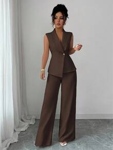 Sleeveless Blazer And High-Waisted Wide-Leg Pants Set – Elegant And Versatile For The Office Or A Party - Coffee Brown - View 1