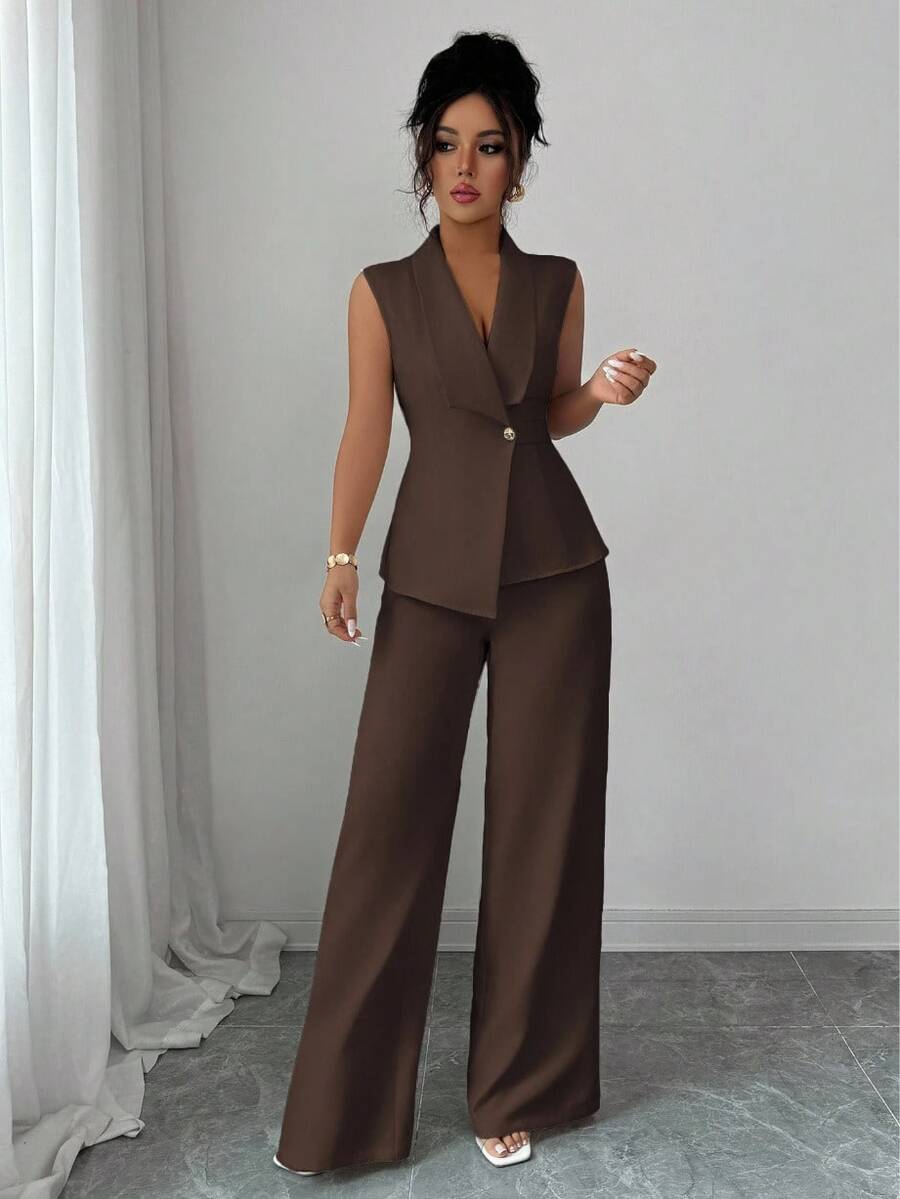 Sleeveless Blazer And High-Waisted Wide-Leg Pants Set – Elegant And Versatile For The Office Or A Party - Coffee Brown - View 1