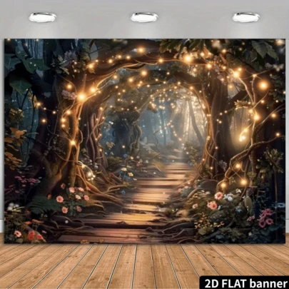 Telón de fondo de escena de bosque mágico 2D plano, hecho de tela de poliéster, sin electricidad requerida, uso versátil para fiestas, bodas y eventos de fotografía