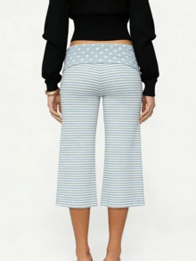 Women's Fold Over Waist Capri Fashionable Casual Solid Color Low Rise Wide Leg Crop Pants - 天藍色 - 查看 2