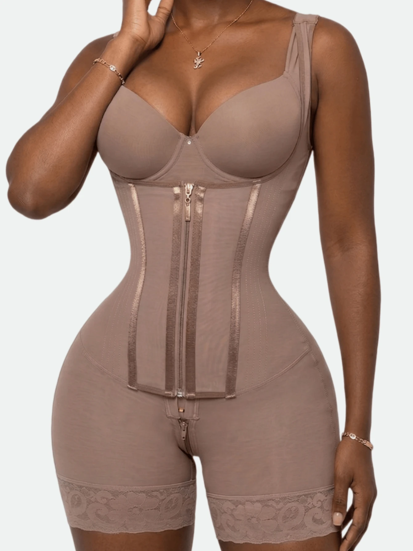 1pc Colombian Shapewear, Tummy Control Shaping Shorts, Zipper Closure, Chest Opening, Butt Lifting Shaping Panty, Compression Shapewear - Rust Brown - View 1