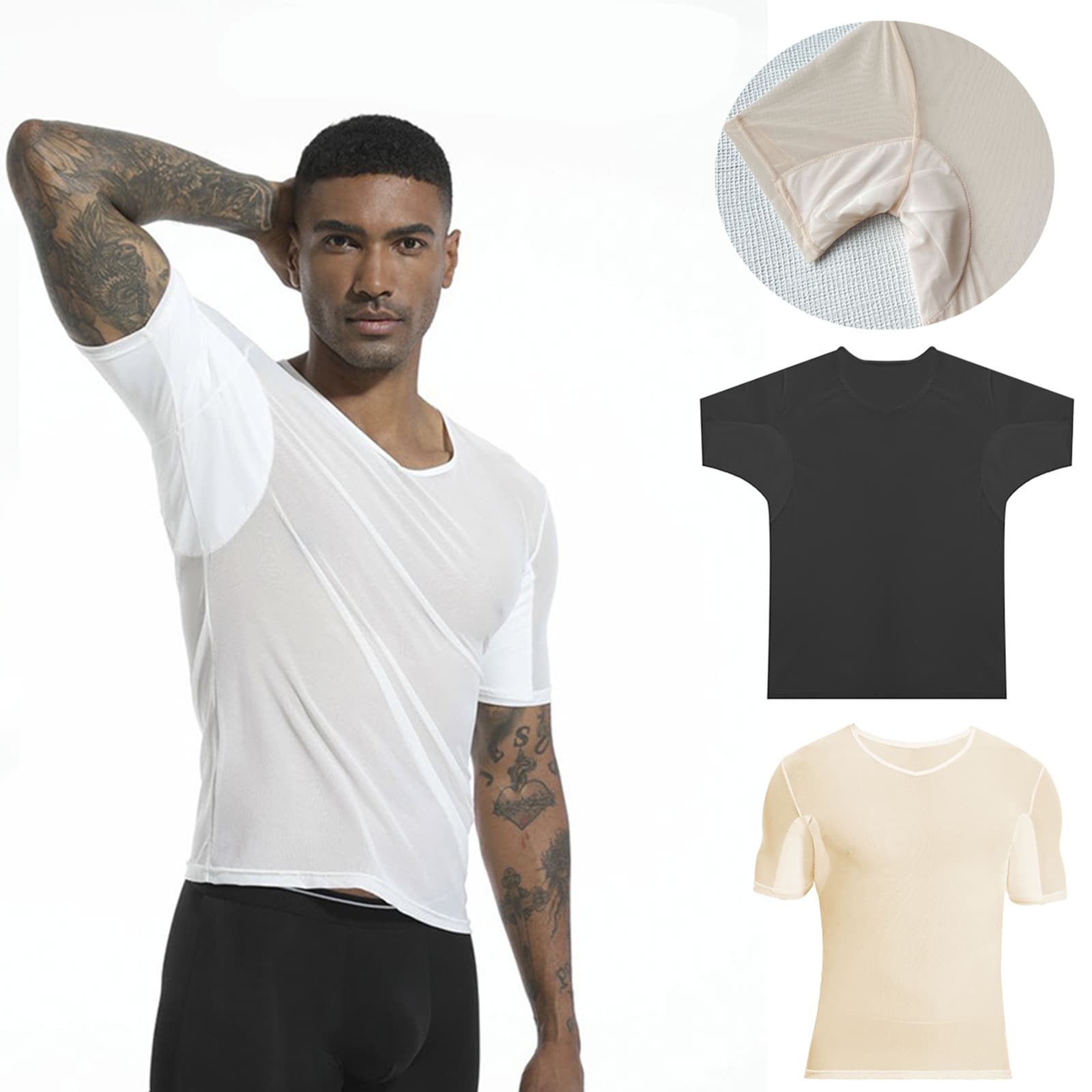 NOSWEAT S-XL Herren Schweißabsorbierendes T-Shirt, integrierte Achselhöhlen-Schweißpolster, atmungsaktives Anti-Schweiß Unterhemd, schnelltrocknende Kurzarm-Basisschicht geeignet für Arbeit, Sport und Sommer