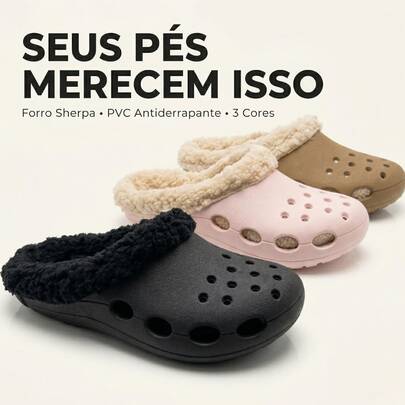 Babuche Clog Feminino Forro Sherpa Inverno Quentinho Antiderrapante PVC Confortável Unissex 35-42