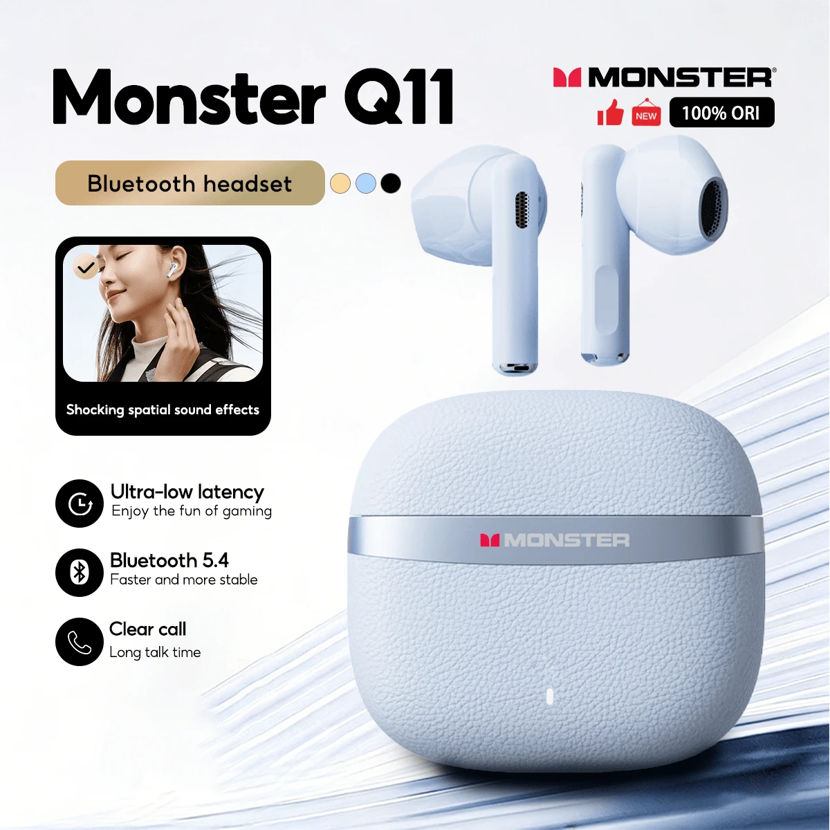 Monster Q11 蓝牙耳机，自动降噪，超长续航，户外音乐蓝牙 5.4，带麦克风 - 查看 1